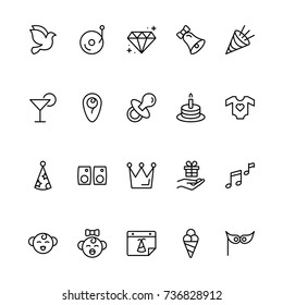 Happy birthday icon set. Collection of high quality outline birthday pictograms in modern flat style. Black holiday symbol for web design and mobile app on white background. Celebration line logo.