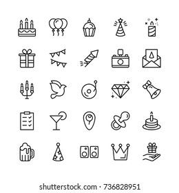 Happy birthday icon set. Collection of high quality outline birthday pictograms in modern flat style. Black holiday symbol for web design and mobile app on white background. Celebration line logo.