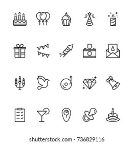 Happy birthday icon set. Collection of high quality outline birthday pictograms in modern flat style. Black holiday symbol for web design and mobile app on white background. Celebration line logo.