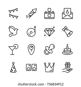 Happy birthday icon set. Collection of high quality outline birthday pictograms in modern flat style. Black holiday symbol for web design and mobile app on white background. Celebration line logo.