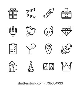 Happy birthday icon set. Collection of high quality outline birthday pictograms in modern flat style. Black holiday symbol for web design and mobile app on white background. Celebration line logo.