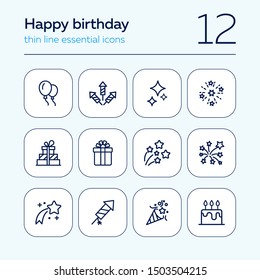 Happy birthday icon set. Line icons collection on white background. Firework, firecracker, gift. Celebration concept. Can be used for topics like holiday, party, surprise