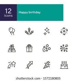 Happy birthday icon set. Line icons collection on white background. Firework, firecracker, gift. Celebration concept. Can be used for topics like holiday, party, surprise