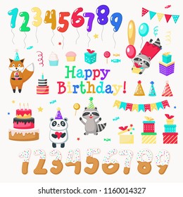 Happy birthday icon set. Vector hand drawn cute animals fox raccoon panda, numerals, birthday cake, sweets, gift boxes, balloons, party hats and string flags. Invitation greeting card design elements.