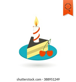 Happy Birthday Icon. Slice of Cake with Candle. Simple, Minimalistic and Flat Style. Colorful. Vector