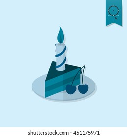 Happy Birthday Icon. Slice of Cake with Candle. Simple, Minimalistic and Flat Style. Monochrome color. Vector