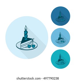 Happy Birthday Icon. Slice of Cake with Candle. Simple, Minimalistic and Flat Style. Monochrome color. Long Shadow. Vector