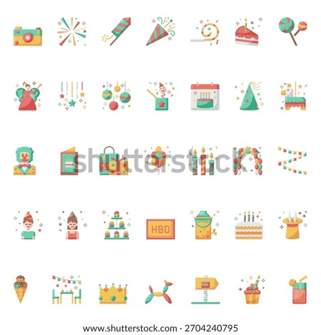 Happy Birthday Icon Vector Collection – Balloons, Party Hats, Cake, Gifts, Confetti, Decorations, Typography, Stickers, Clipart and Celebration Elements Pack