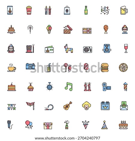 Happy Birthday Icon Vector Collection – Balloons, Party Hats, Cake, Gifts, Confetti, Decorations, Typography, Stickers, Clipart and Celebration Elements Pack