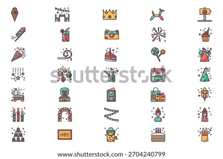 Happy Birthday Icon Vector Collection – Balloons, Party Hats, Cake, Gifts, Confetti, Decorations, Typography, Stickers, Clipart and Celebration Elements Pack