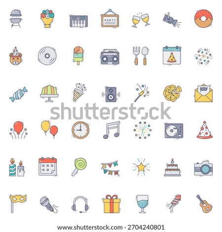 Happy Birthday Icon Vector Collection – Balloons, Party Hats, Cake, Gifts, Confetti, Decorations, Typography, Stickers, Clipart and Celebration Elements Pack