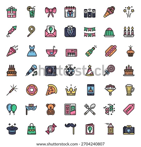 Happy Birthday Icon Vector Collection – Balloons, Party Hats, Cake, Gifts, Confetti, Decorations, Typography, Stickers, Clipart and Celebration Elements Pack