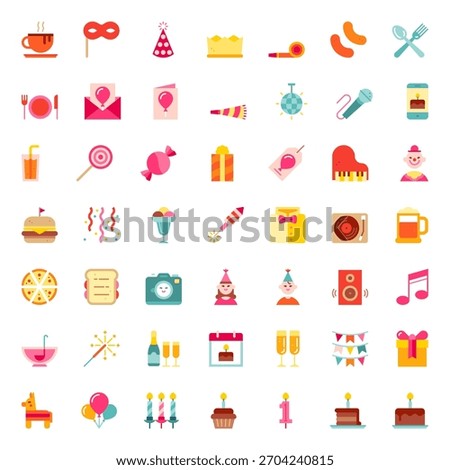 Happy Birthday Icon Vector Collection – Balloons, Party Hats, Cake, Gifts, Confetti, Decorations, Typography, Stickers, Clipart and Celebration Elements Pack