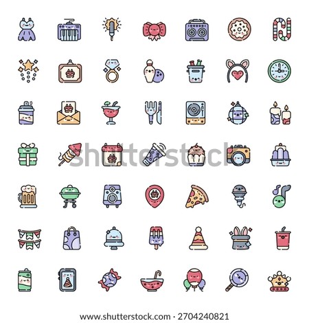 Happy Birthday Icon Vector Collection – Balloons, Party Hats, Cake, Gifts, Confetti, Decorations, Typography, Stickers, Clipart and Celebration Elements Pack