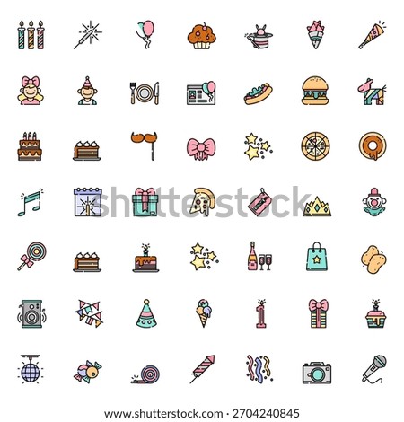Happy Birthday Icon Vector Collection – Balloons, Party Hats, Cake, Gifts, Confetti, Decorations, Typography, Stickers, Clipart and Celebration Elements Pack