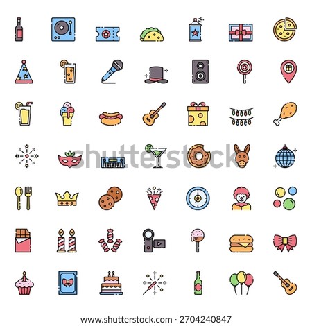 Happy Birthday Icon Vector Collection – Balloons, Party Hats, Cake, Gifts, Confetti, Decorations, Typography, Stickers, Clipart and Celebration Elements Pack