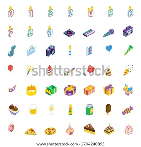 Happy Birthday Icon Vector Collection – Balloons, Party Hats, Cake, Gifts, Confetti, Decorations, Typography, Stickers, Clipart and Celebration Elements Pack