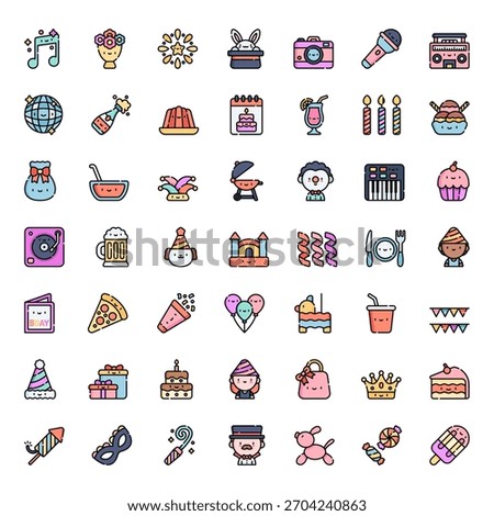 Happy Birthday Icon Vector Collection – Balloons, Party Hats, Cake, Gifts, Confetti, Decorations, Typography, Stickers, Clipart and Celebration Elements Pack