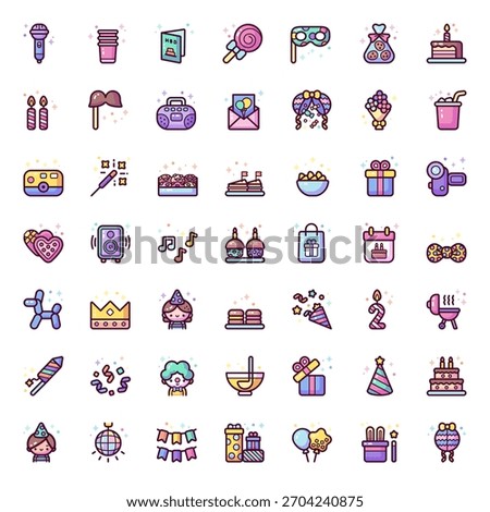 Happy Birthday Icon Vector Collection – Balloons, Party Hats, Cake, Gifts, Confetti, Decorations, Typography, Stickers, Clipart and Celebration Elements Pack
