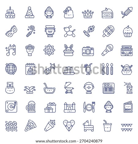 Happy Birthday Icon Vector Collection – Balloons, Party Hats, Cake, Gifts, Confetti, Decorations, Typography, Stickers, Clipart and Celebration Elements Pack