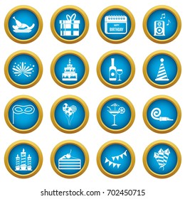 Happy Birthday icons blue circle set isolated on white for digital marketing