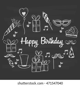 Happy birthday icons or elements with text using doodle art on chalkboard background
