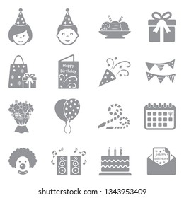 Happy Birthday Icons. Gray Flat Design. Vector Illustration.
