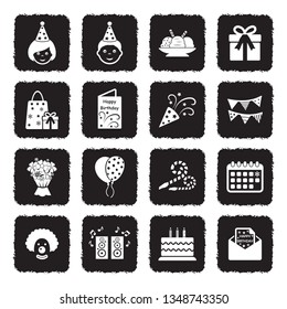 Happy Birthday Icons. Grunge Black Flat Design. Vector Illustration. 