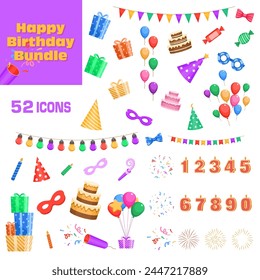 Happy birthday icons. Happy birthday icon set. Celebrate decoration.