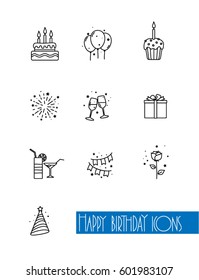 Happy birthday icons on white background. Template for your design works. Vector illustration.