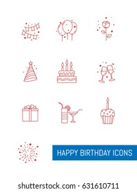 Happy birthday icons on white background. Vector illustration.