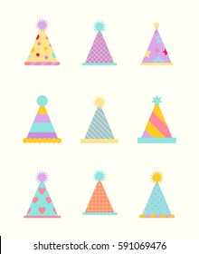 Happy Birthday Icons. Party hat set isolated on a white. Birthday hat set. Vector fun decoration. Colorful surprise costume.