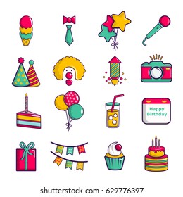 Happy birthday icons set. Cartoon illustration of 16 happy birthday vector icons for web