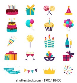 Juego de iconos de cumpleaños feliz. Diseño de iconos para su producto, web y aplicaciones móviles. Ilustración vectorial