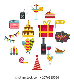 Happy Birthday icons set in flat style. Party and celebration elements set collection vector illustration