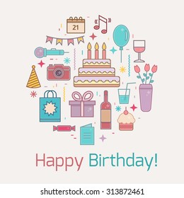 Happy Birthday icons set. Line style vector illustration.