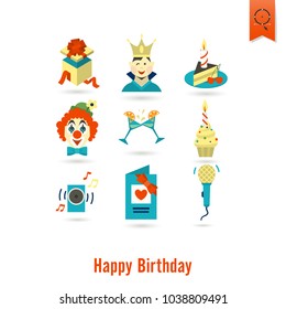 Happy Birthday Icons Set. Simple, Minimalistic and Flat Style. Colorful. Vector