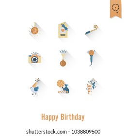 Happy Birthday Icons Set. Simple, Minimalistic and Flat Style. Retro Color. Long Shadow. Vector
