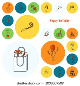 Happy Birthday Icons Set. Simple, Minimalistic and Flat Style. Colorful. Vector