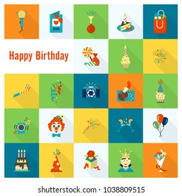 Happy Birthday Icons Set. Simple, Minimalistic and Flat Style. Colorful. Long Shadow. Vector