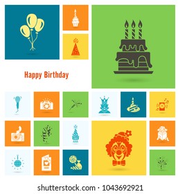 Happy Birthday Icons Set. Simple, Minimalistic and Flat Style. Colorful. Vector