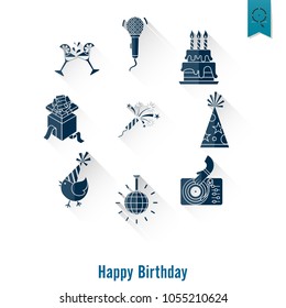 Happy Birthday Icons Set. Simple, Minimalistic and Flat Style. Long Shadow. Vector