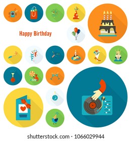 Happy Birthday Icons Set. Simple, Minimalistic and Flat Style. Colorful. Long Shadow. Vector