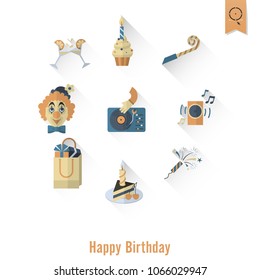 Happy Birthday Icons Set. Simple, Minimalistic and Flat Style. Retro Color. Long Shadow. Vector