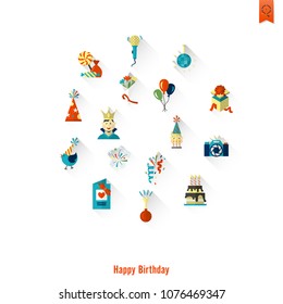 Happy Birthday Icons Set. Simple, Minimalistic and Flat Style. Colorful. Long Shadow. Vector