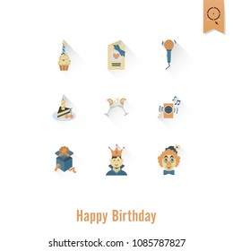 Happy Birthday Icons Set. Simple, Minimalistic and Flat Style. Retro Color. Long Shadow. Vector