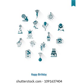 Happy Birthday Icons Set. Simple, Minimalistic and Flat Style. Monochrome color. Long Shadow. Vector