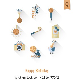 Happy Birthday Icons Set. Simple, Minimalistic and Flat Style. Retro Color. Long Shadow. Vector