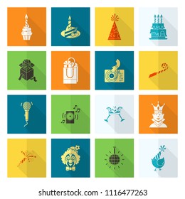 Happy Birthday Icons Set. Simple, Minimalistic and Flat Style. Colorful. Long Shadow. Vector