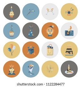 Happy Birthday Icons Set. Simple, Minimalistic and Flat Style. Retro Color. Vector